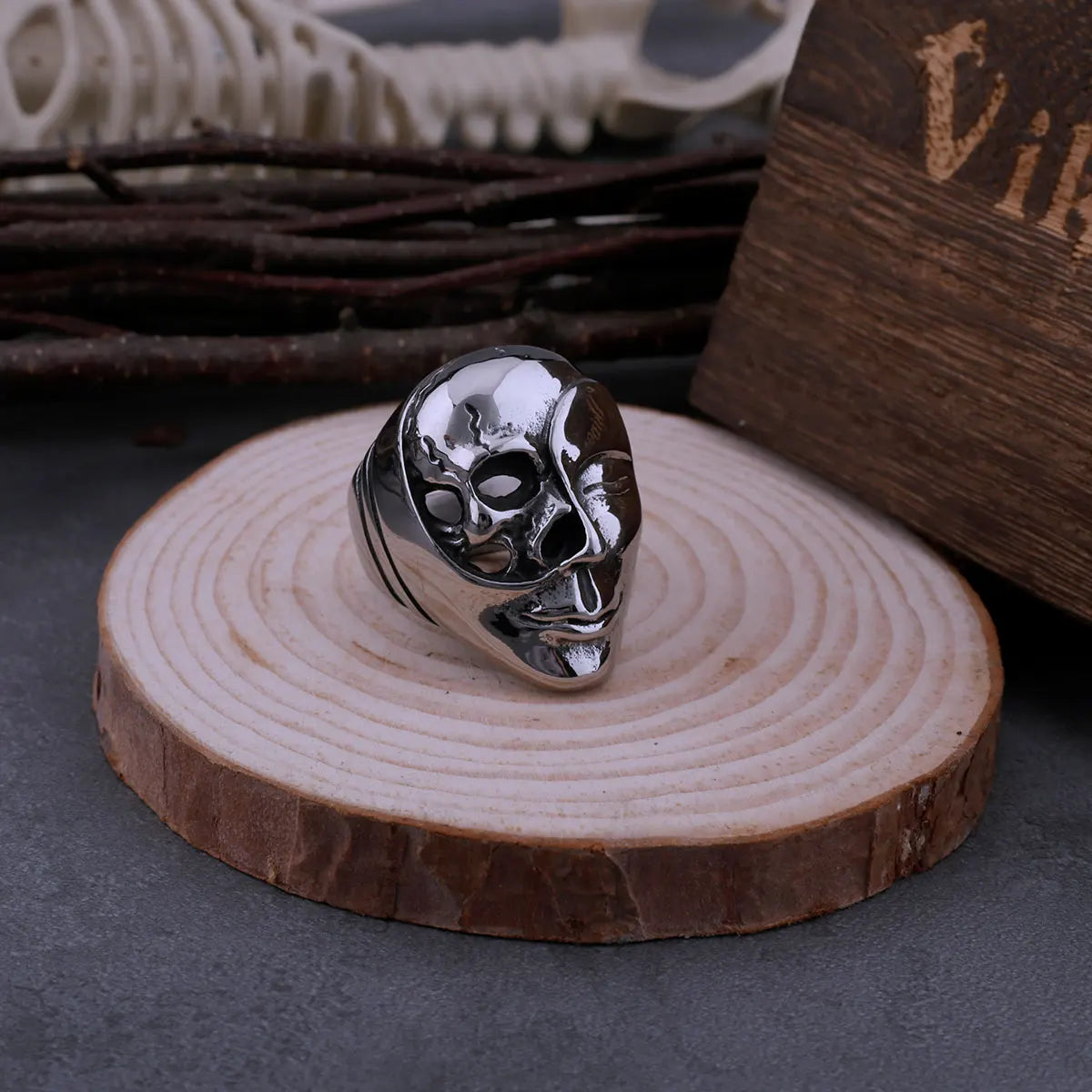 Gothic Half Skull Face Half Face Mask Viking Ring