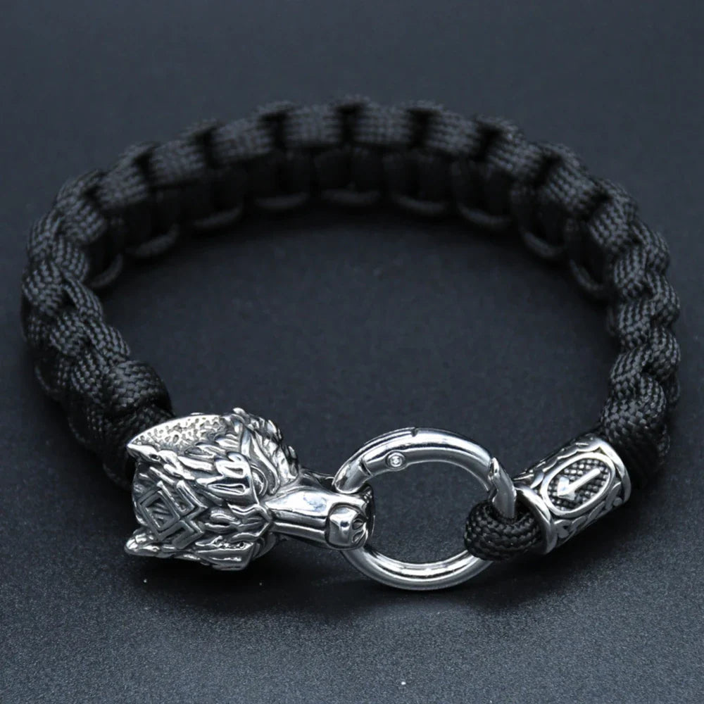 Stainless Steel Wolf Heads Bracelets Norse Vikings Runic Beads Paracord