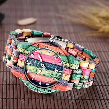 Calendar Square Dial Colorful Bamboo Natural Bracelet Wooden Viking Watch