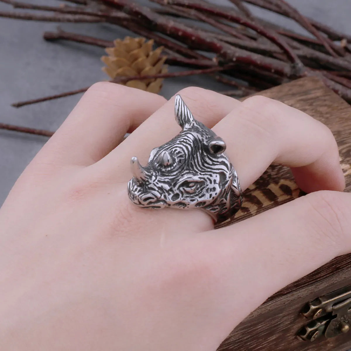 Vintage High Quality Rhino Head Viking Ring