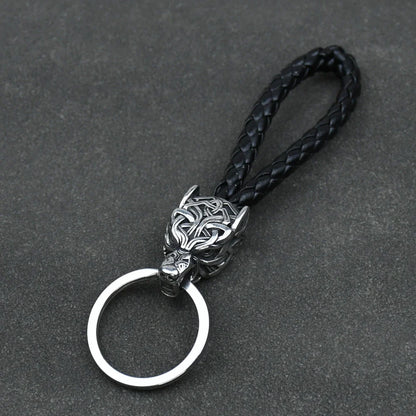 Vikings Wolf Head Stainless Steel Keyring Black leather