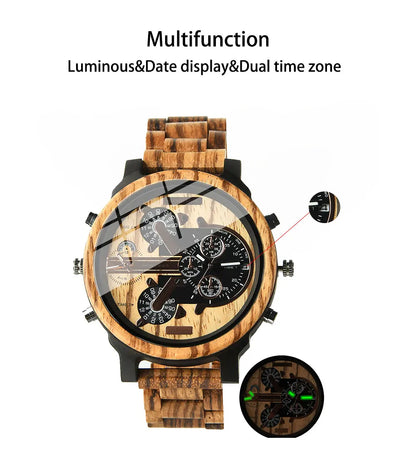 Big Face Large Wood Fashion Quartz Wristwatches Strap Dress Dual Clock Wooden Viking Watch