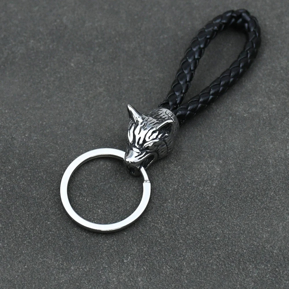 Stainless Steel Wolf Amulet Braided Leather Keychain Viking