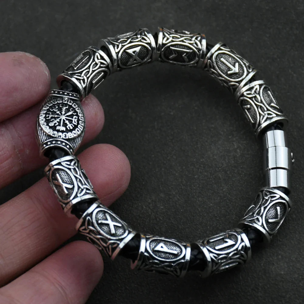 Norse Runes Bracelet Viking 13Pcs Runes Beads Vegvisir Compass Amulet Viking