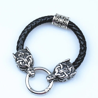 Stainless Steel Wolf Head Bracelets Viking Rune beads Leather