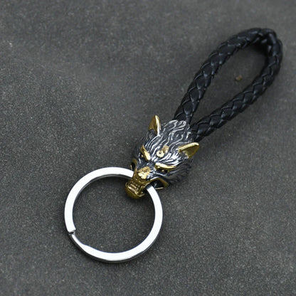 Stainless Steel Wolf Amulet Braided Leather Keychain Viking