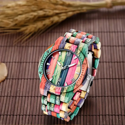 Calendar Square Dial Colorful Bamboo Natural Bracelet Wooden Viking Watch