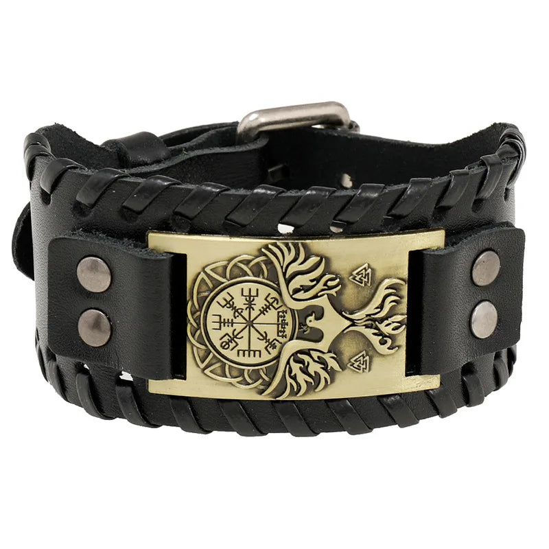 Viking Wide Leather Compass Bracelet