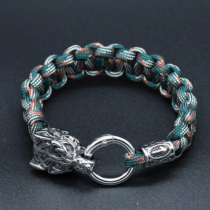 Stainless Steel Wolf Heads Bracelets Norse Vikings Runic Beads Paracord