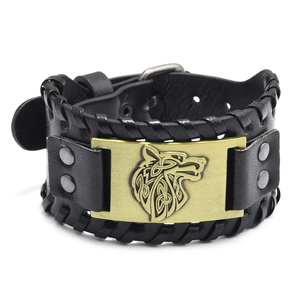 Viking Leather Braided Bracelet Celtic Wolf Head