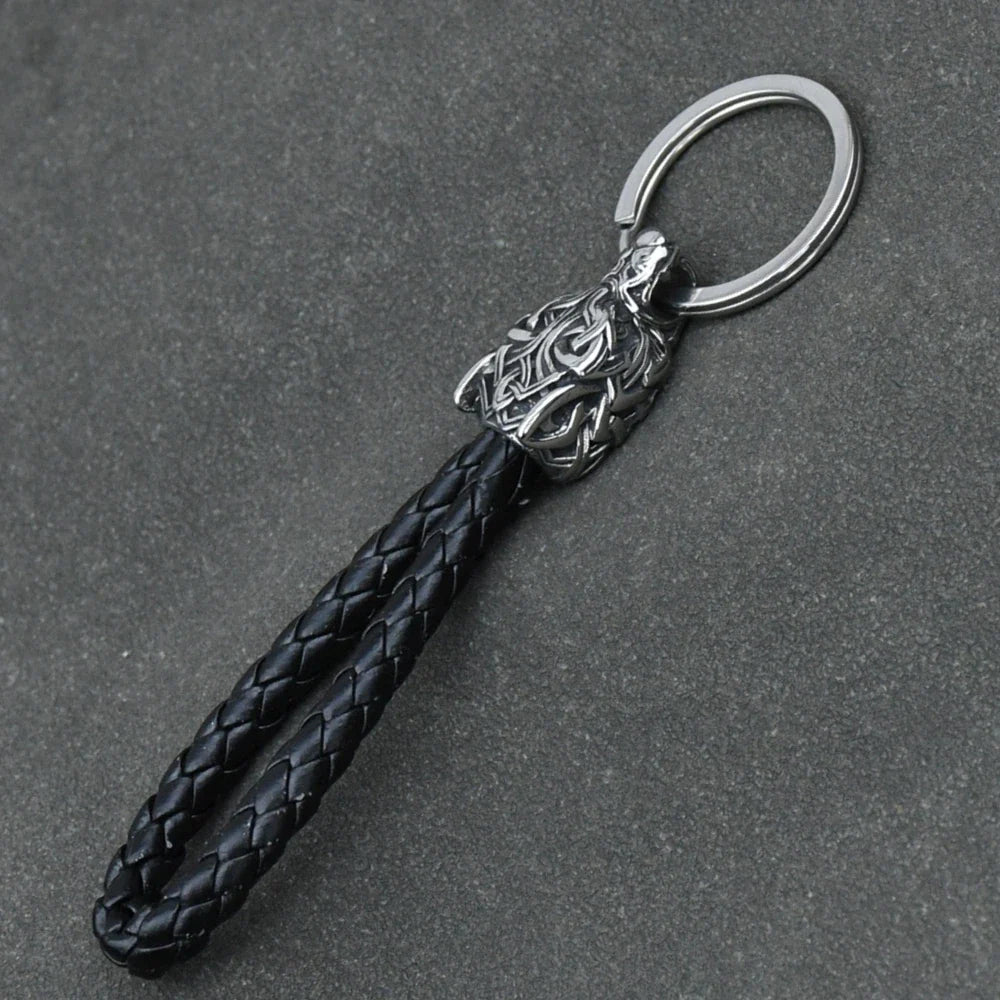 Vikings Wolf Head Stainless Steel Keyring Black leather