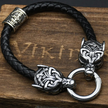 Stainless Steel Wolf Head Bracelets Viking Rune beads Leather