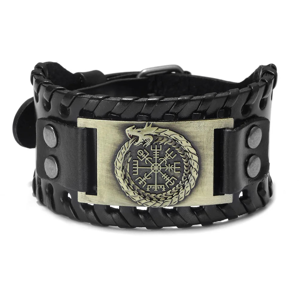 Viking Wide Leather Compass Bracelet