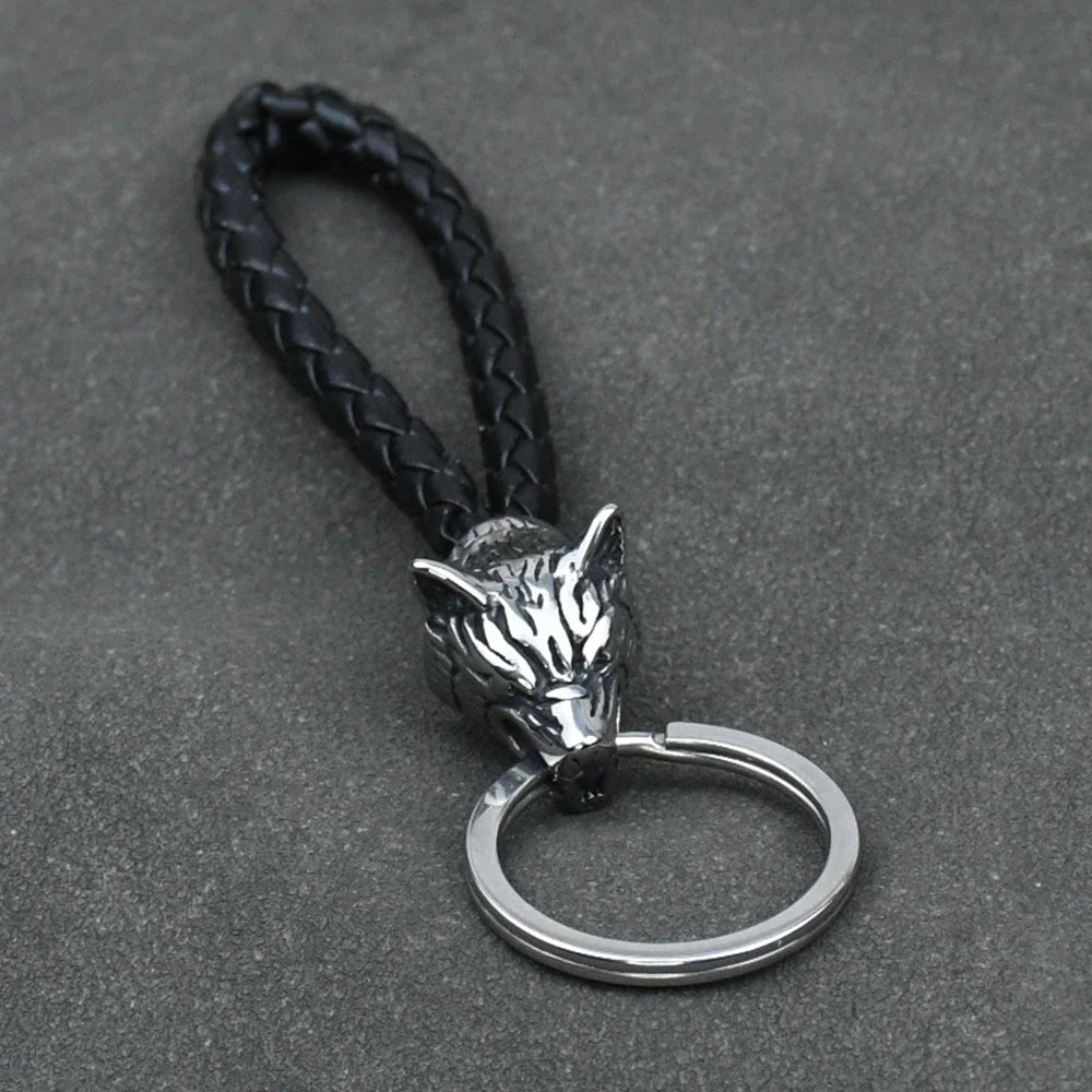 Stainless Steel Wolf Amulet Braided Leather Keychain Viking