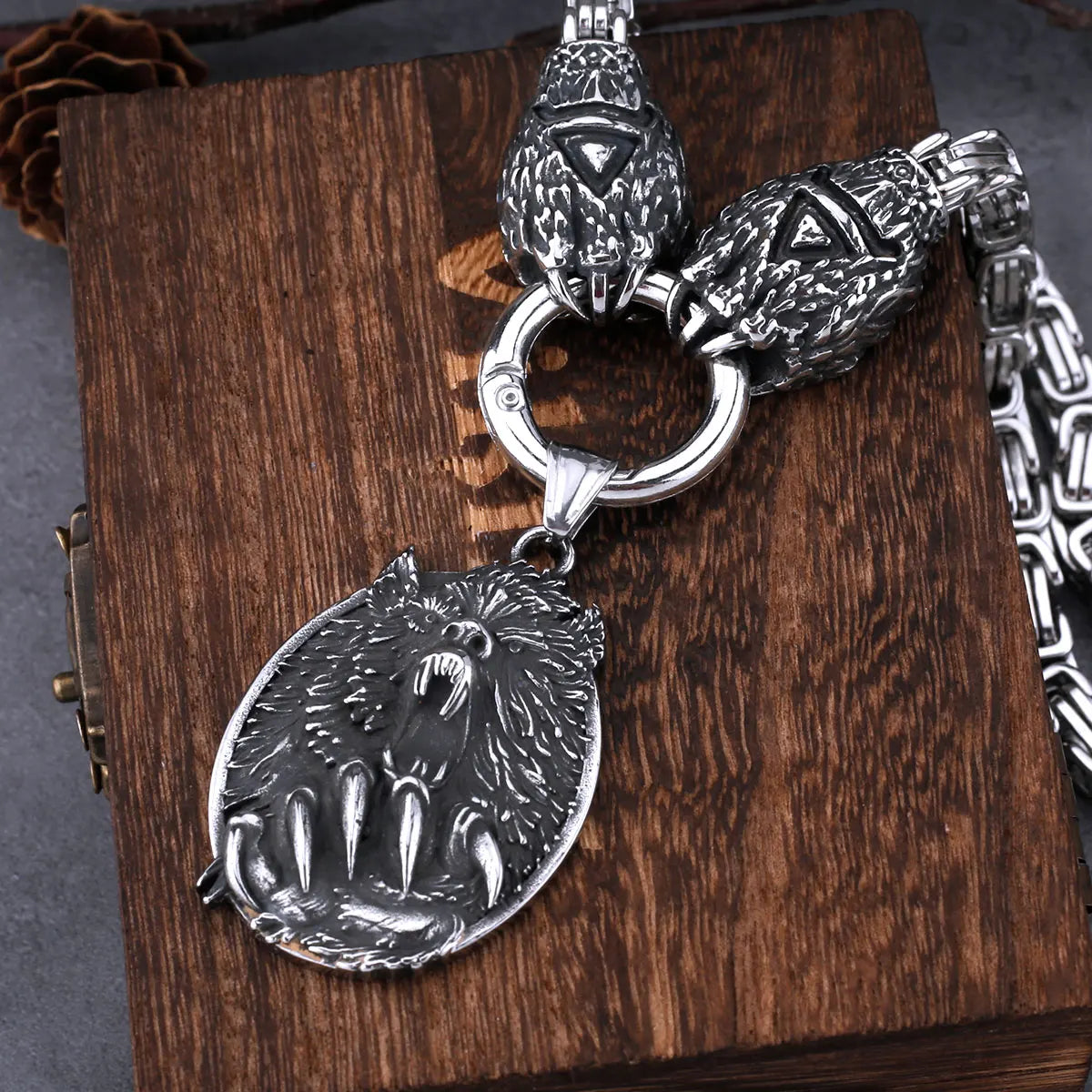 Viking Wolf Head Bear Claw Necklace