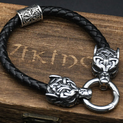 Stainless Steel Wolf Head Bracelets Viking Rune beads Leather