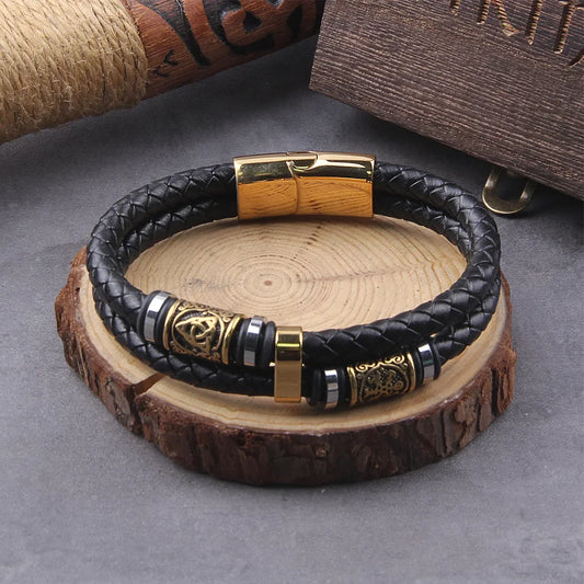 Punk Genuine Leather Braided Multilayer Stainless Steel Norse Runes Bead Viking Bangle