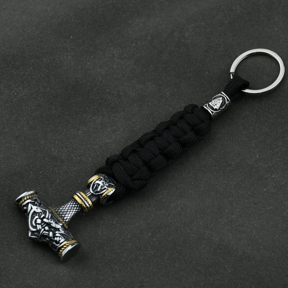 Thor's Hammer Vikings Keychain Rune Braided Lanyard Stainless Steel Valknut