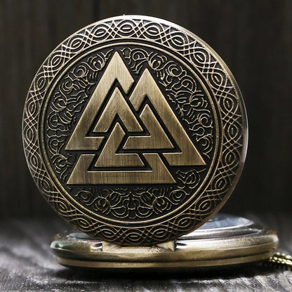 Valknut Norse Vikings Bronze Quartz Pocket Watch Necklace Chain Three Interlocking Fob