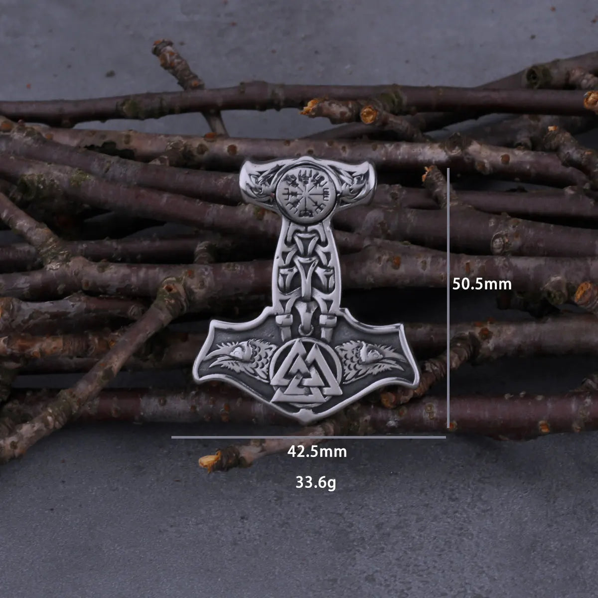 Stainless Steel Viking Thor's Hammer Mjolnir Wolf Head and Norse Rune Necklace