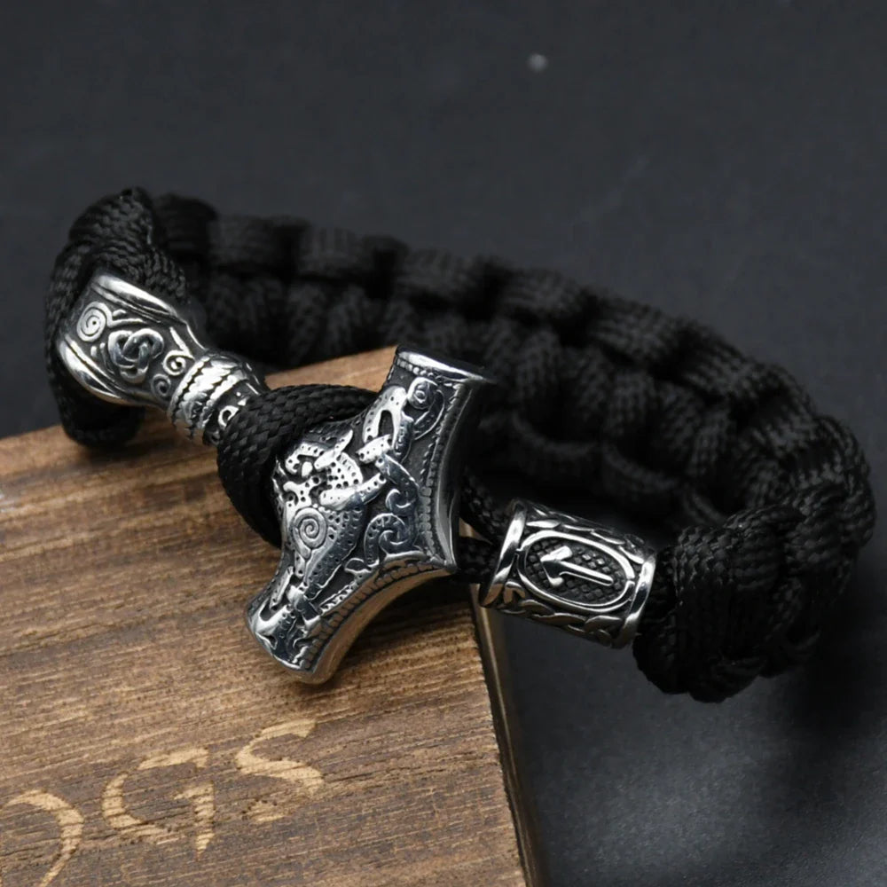 Stainless Steel Viking Thors Hammer Bracelets Paracord Nordic Mjolnir