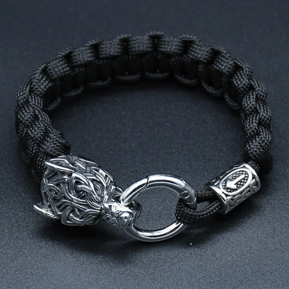 Stainless Steel Wolf Heads Bracelets Norse Vikings Runic Beads Paracord