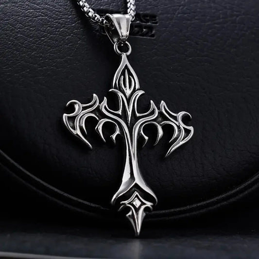 Stainless Steel Flame Cross Pendant Necklace for Men – Retro Titanium Steel Jewelry