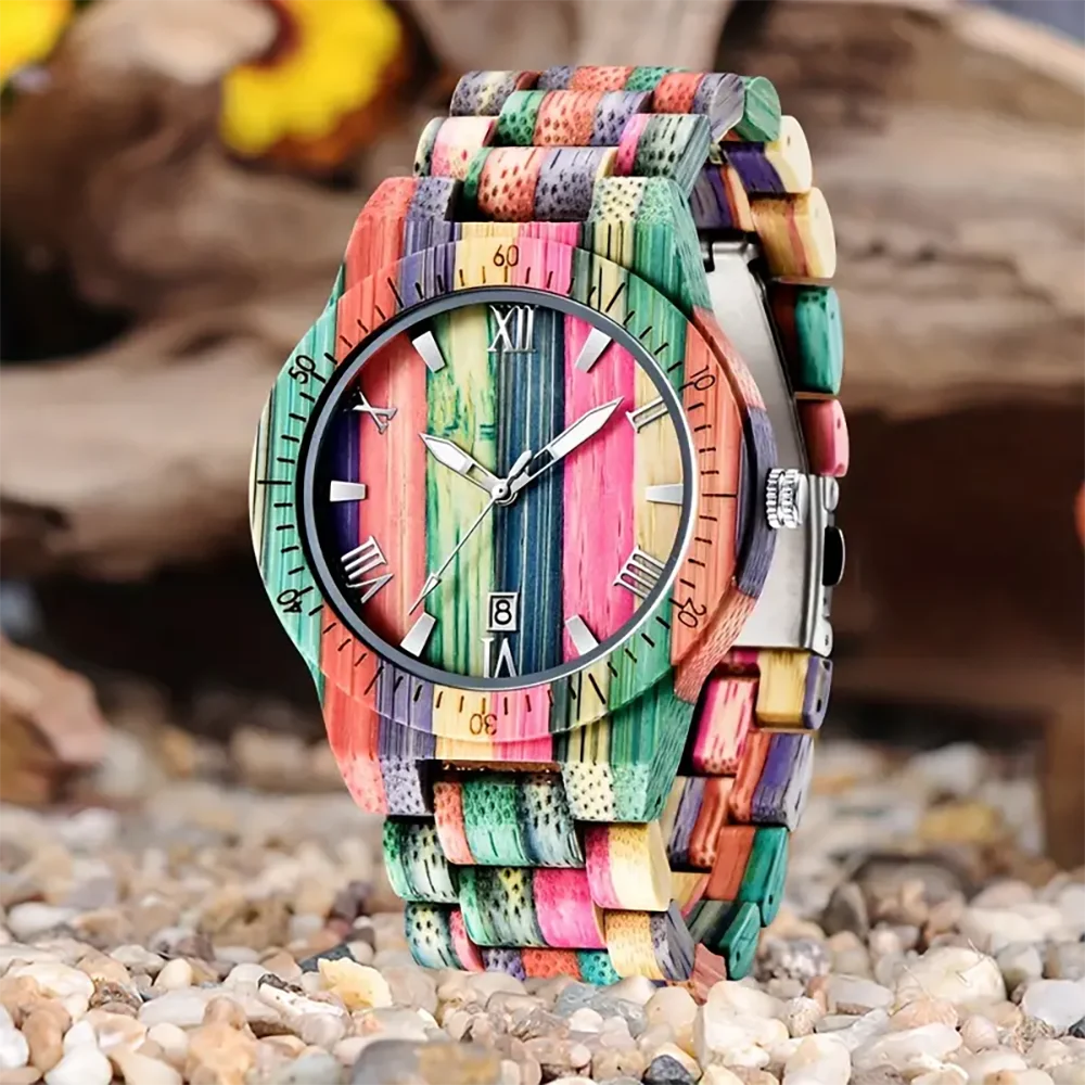 Calendar Square Dial Colorful Bamboo Natural Bracelet Wooden Viking Watch