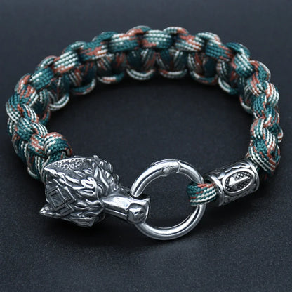 Stainless Steel Wolf Heads Bracelets Norse Vikings Runic Beads Paracord