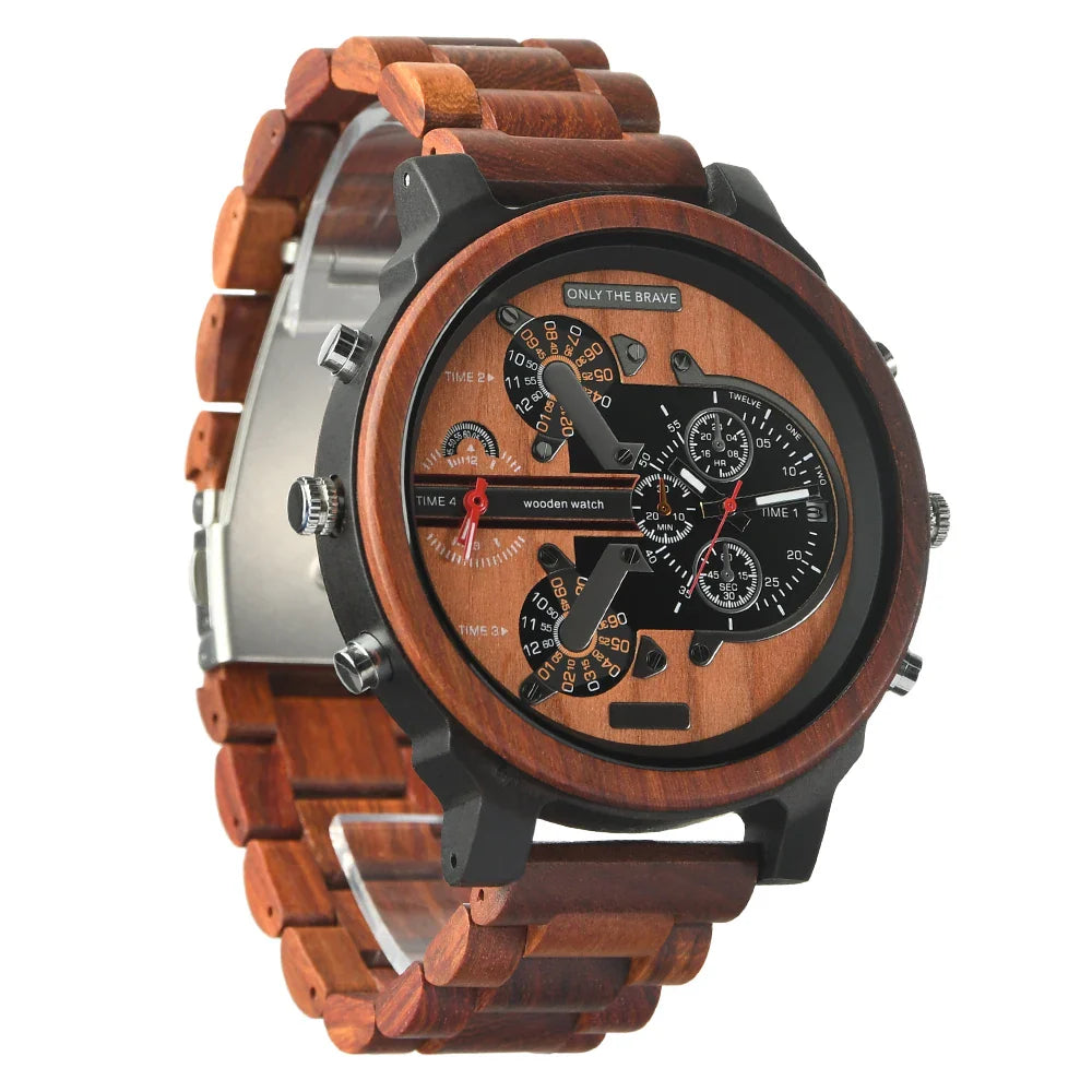 Big Face Large Wood Fashion Quartz Wristwatches Strap Dress Dual Clock Wooden Viking Watch