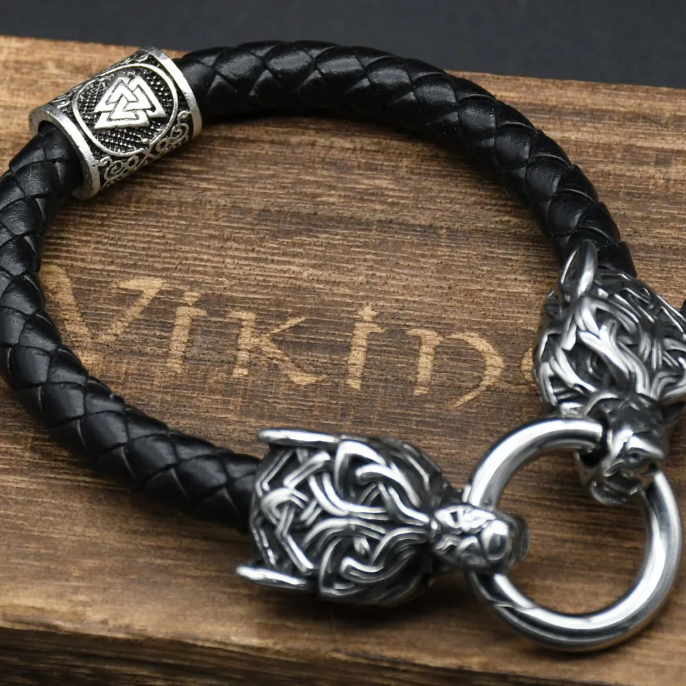 Stainless Steel Wolf Head Bracelets Viking Rune beads Leather