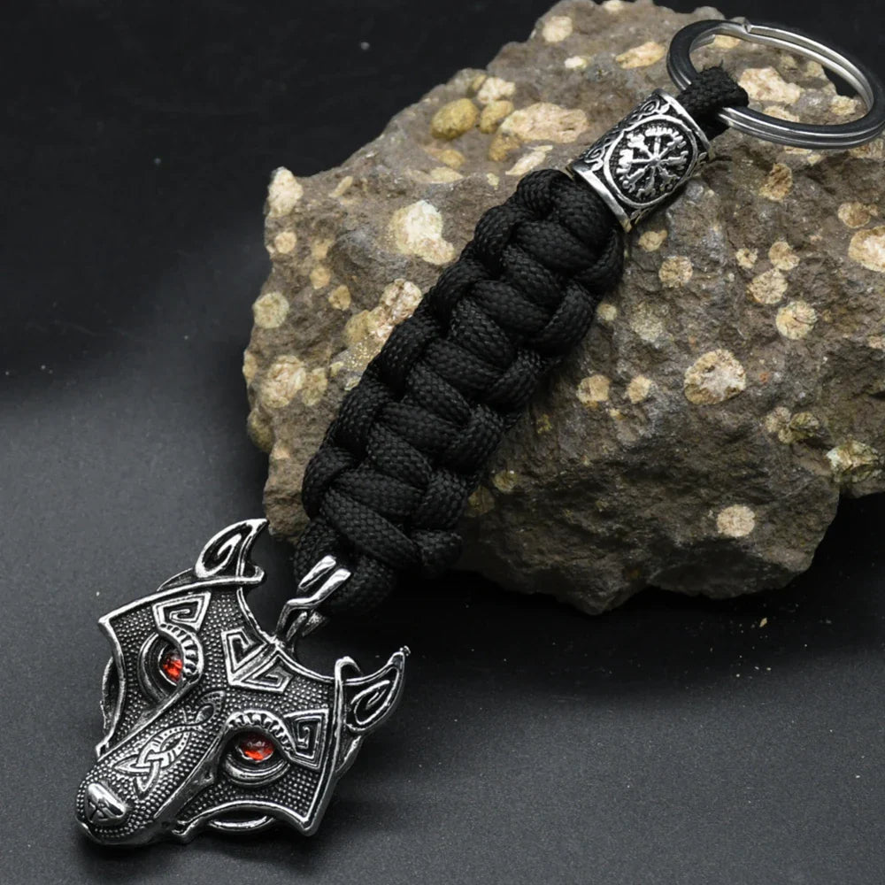 Nordic Wolf Head Keychain Rope Lanyard Vikings