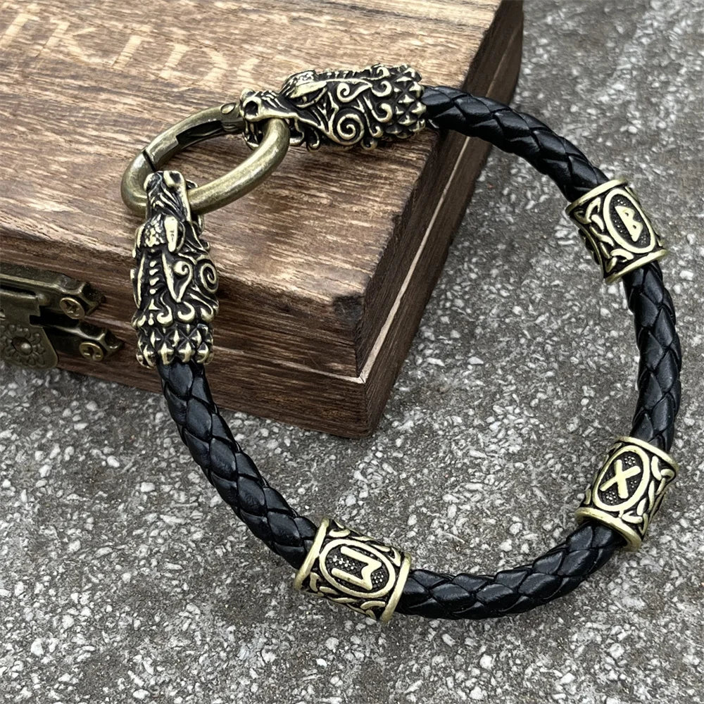 Viking Dragon Heads Nordic Runes Beads Leather Bracelet