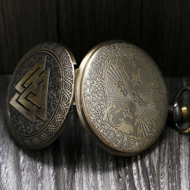 Antique Bronze Viking Triangle Sign Glass Cabochon Quartz Pocket Watch