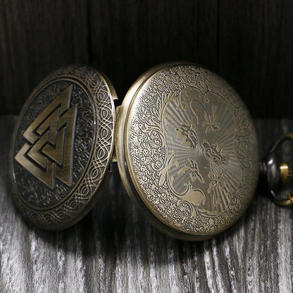 Valknut Norse Vikings Bronze Quartz Pocket Watch Necklace Chain Three Interlocking Fob