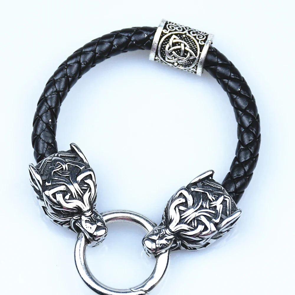 Stainless Steel Wolf Head Bracelets Viking Rune beads Leather