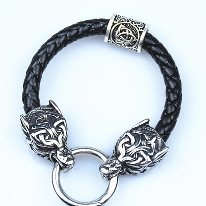 Stainless Steel Wolf Head Bracelets Viking Rune beads Leather