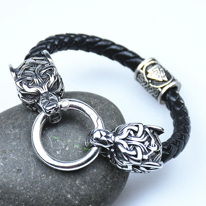 Stainless Steel Wolf Head Bracelets Viking Rune beads Leather