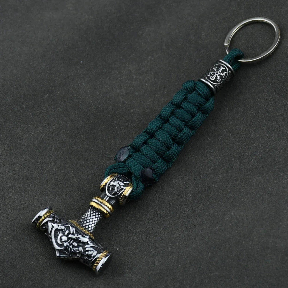 Thor's Hammer Vikings Keychain Rune Braided Lanyard Stainless Steel Valknut