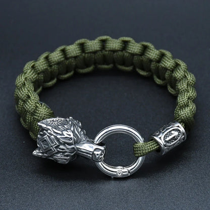 Stainless Steel Wolf Heads Bracelets Norse Vikings Runic Beads Paracord