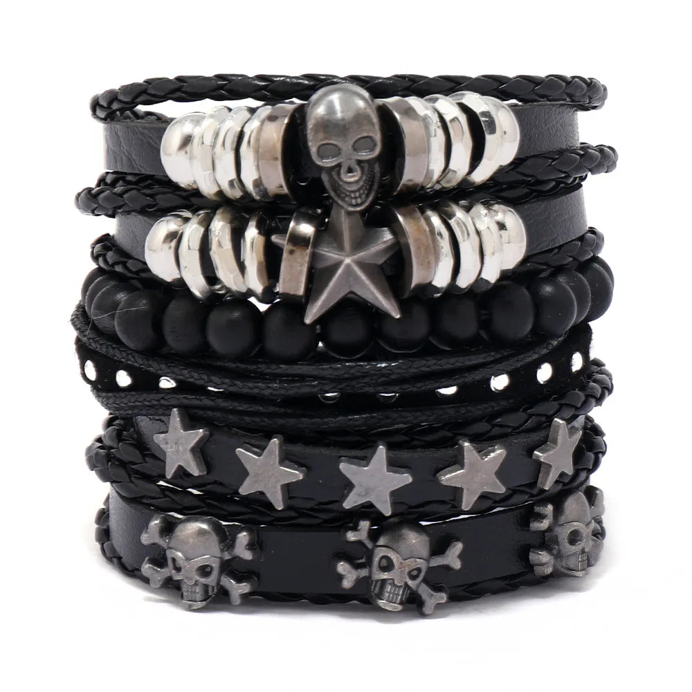 Viking Bracelet Woven Skull Jewelry Adjustable Leather