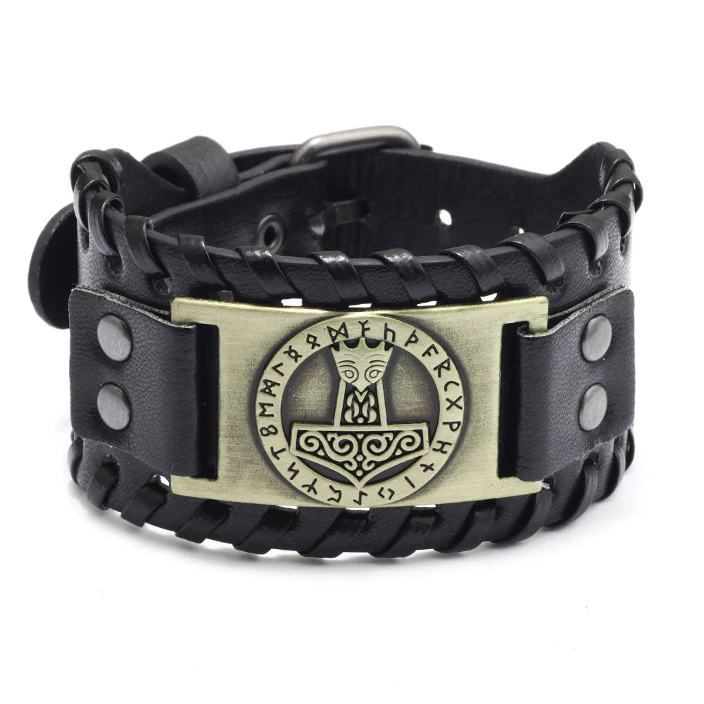 Viking Wide Leather Compass Bracelet