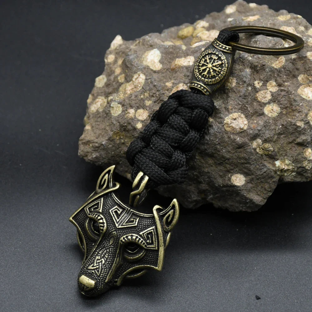 Nordic Wolf Head Keychain Rope Lanyard Vikings