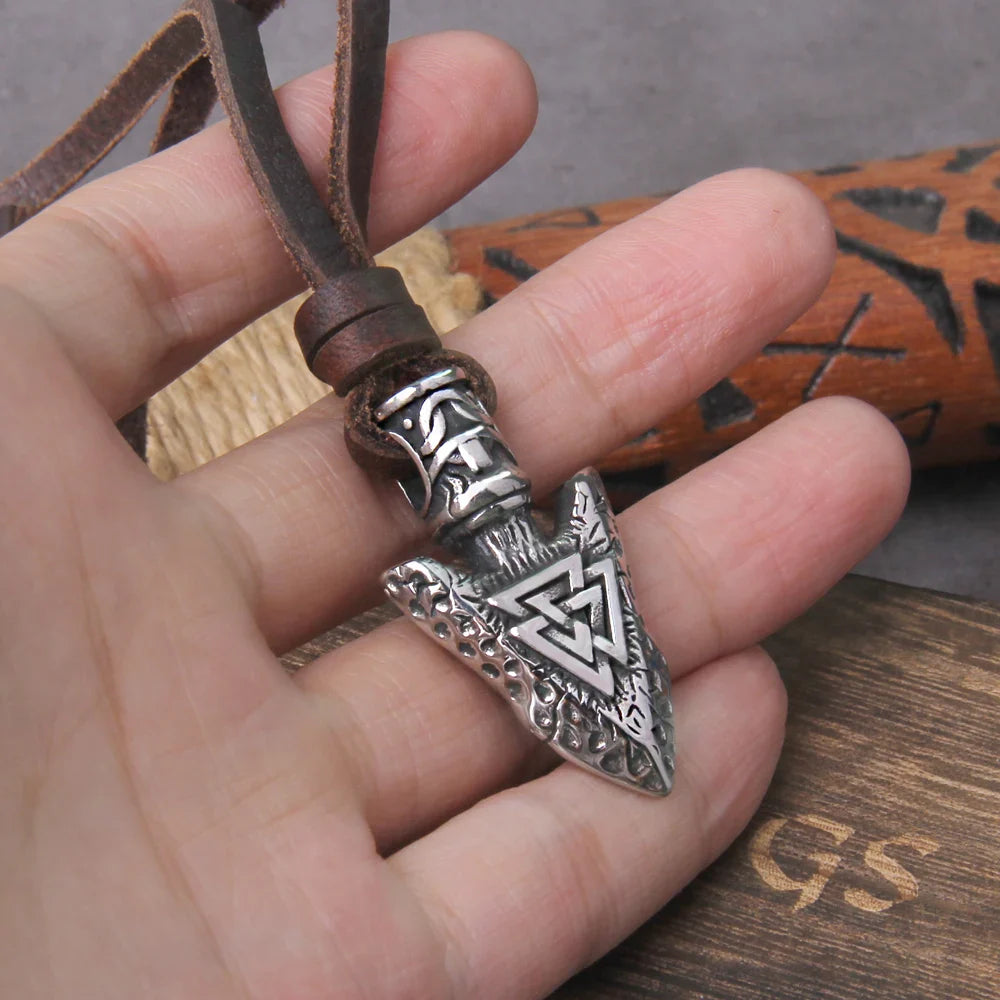 Valknut Viking Spear Pendant Necklace leather Chain Men with wooden box