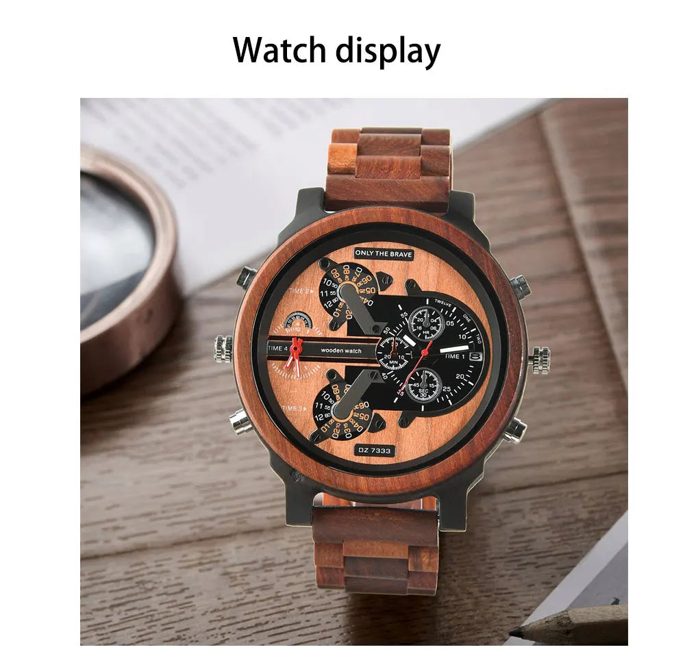 Big Face Large Wood Fashion Quartz Wristwatches Strap Dress Dual Clock Wooden Viking Watch