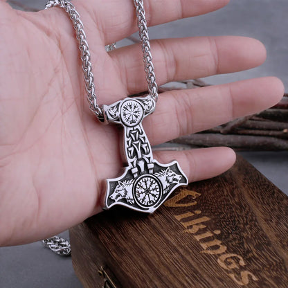 Stainless Steel Viking Thor's Hammer Mjolnir Wolf Head and Norse Rune Necklace