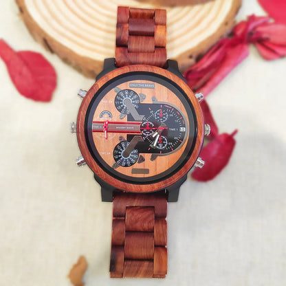 Big Face Large Wood Fashion Quartz Wristwatches Strap Dress Dual Clock Wooden Viking Watch