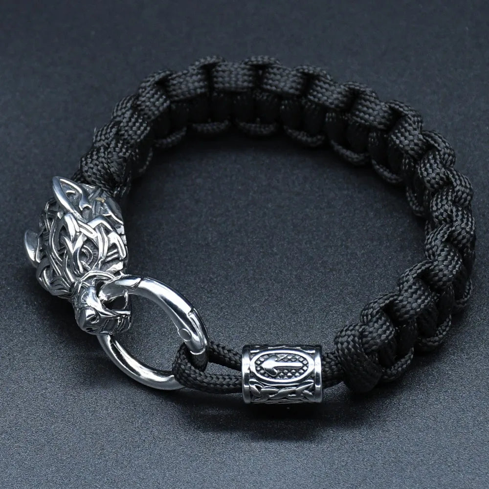 Stainless Steel Wolf Heads Bracelets Norse Vikings Runic Beads Paracord