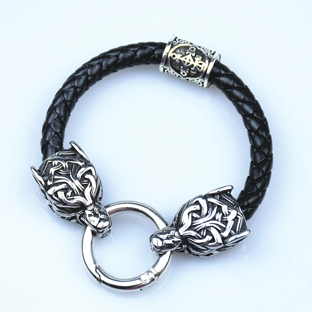 Stainless Steel Wolf Head Bracelets Viking Rune beads Leather