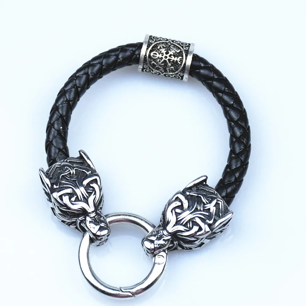 Stainless Steel Wolf Head Bracelets Viking Rune beads Leather